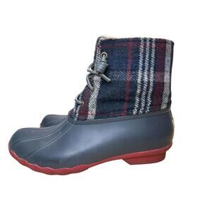 Sperry Saltwater Duck Boots Women's Sz 7.5 Navy Blue Red Plaid Wool Rain Winter